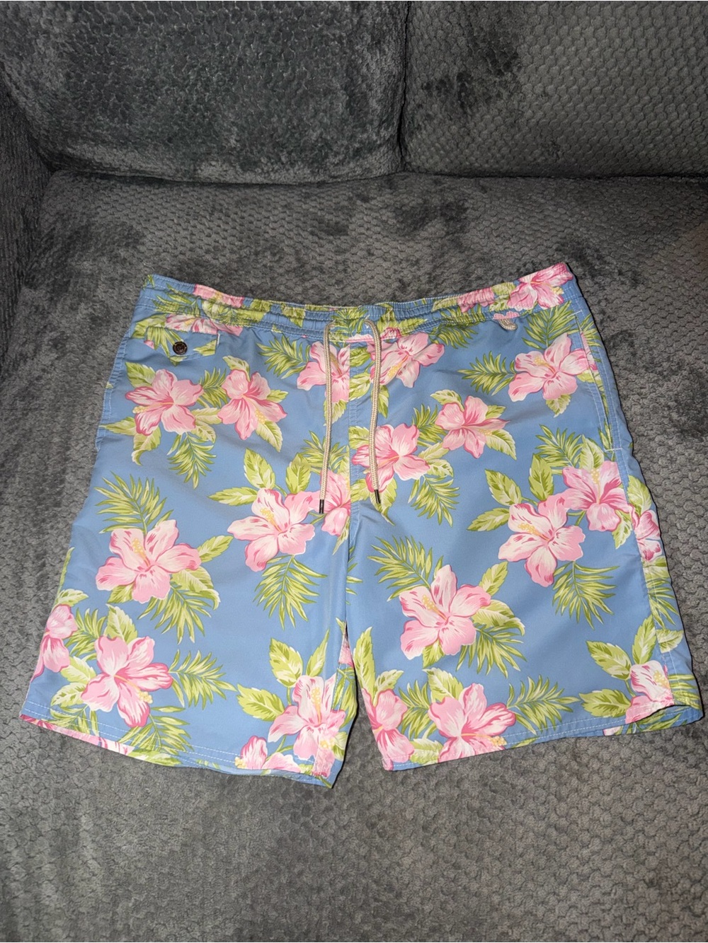 Ralph Lauren Polo Men's Blue Floral Swim Trunks with Pink Hibiscus flowers